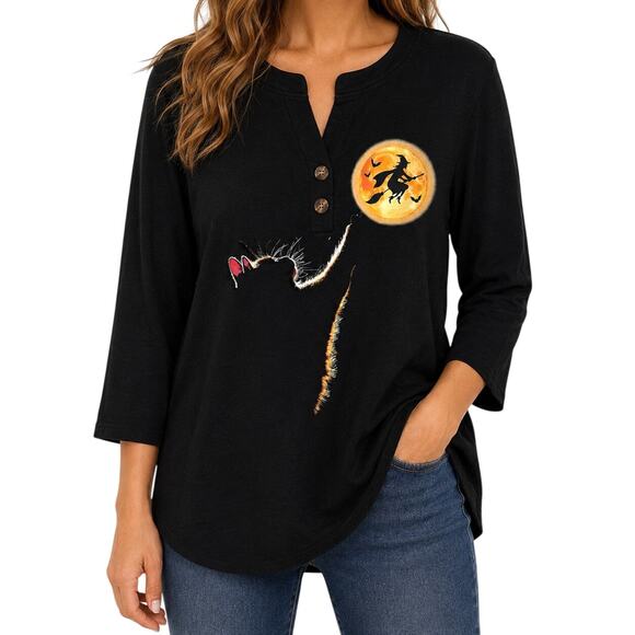 Happy Halloween Tops - NEW NWT Womens Sz Large Halloween Witch Black Cat Holiday Blouse Shirt Top Artsy